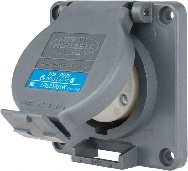 Hubbell Wiring Device-Kellems - 250 VAC, 20 Amp, L6-20R NEMA, Self Grounding Receptacle - 2 Poles, 3 Wire, Female End, Gray - Apex Tool & Supply