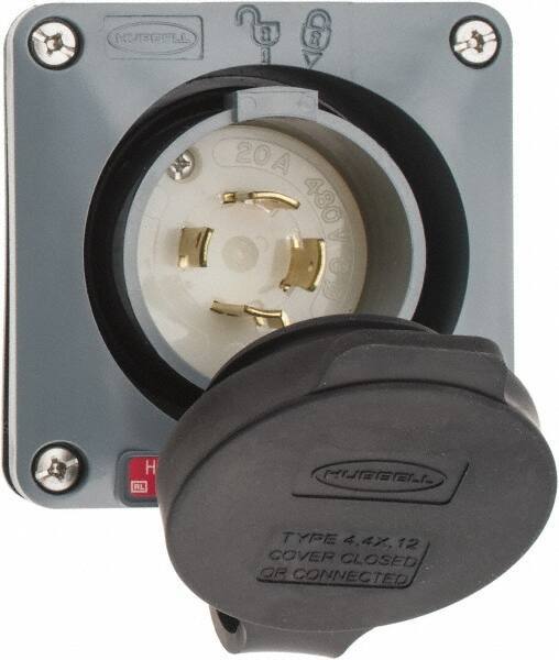 Hubbell Wiring Device-Kellems - 480 VAC, 20 Amp, L16-20P NEMA, Self Grounding Inlet - 3 Poles, 4 Wire, Male End, Gray - Apex Tool & Supply