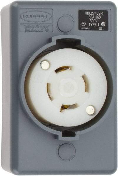 Hubbell Wiring Device-Kellems - 600 VAC, 30 Amp, L17-30R NEMA, Self Grounding Receptacle - 3 Poles, 4 Wire, Female End, Gray - Apex Tool & Supply