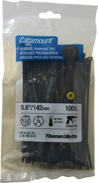 Thomas & Betts - 5.6" Long Black Nylon Standard Cable Tie - 30 Lb Tensile Strength, 1.21mm Thick, 1-1/4" Max Bundle Diam - Apex Tool & Supply