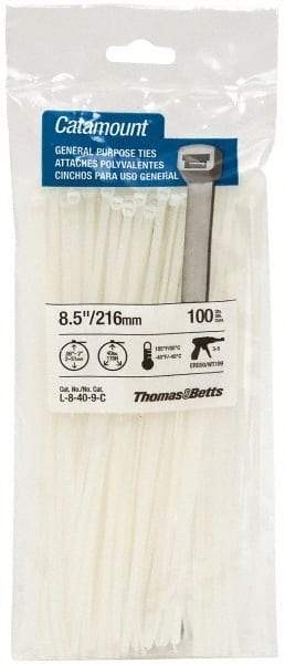 Thomas & Betts - 8-1/2" Long Natural (Color) Nylon Standard Cable Tie - 40 Lb Tensile Strength, 1.13mm Thick, 4" Max Bundle Diam - Apex Tool & Supply