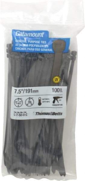 Thomas & Betts - 7-1/2" Long Black Nylon Standard Cable Tie - 50 Lb Tensile Strength, 1.35mm Thick, 5/8" Max Bundle Diam - Apex Tool & Supply