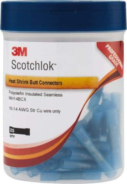 3M - 16 to 14 AWG Compatible, Heat Shrink & Nylon Fully Insulated, Crimp-On Butt Splice Terminal - 2 Wire Entries, Blue - Apex Tool & Supply