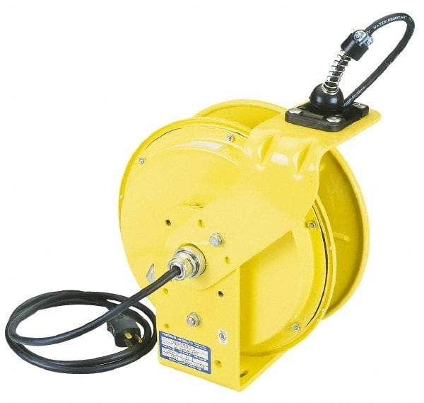 Conductix - 16 AWG, 35' Cable Length, Cord & Cable Reel with Bare End - 3 Outlets, NEMA 5-15R, 10 Amps, 110 Volts, SOOW-A Cable, Yellow Reel, Spring Driven Reel - Apex Tool & Supply