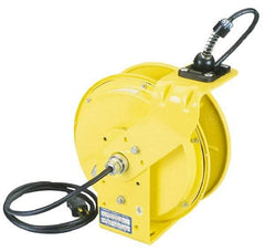 Conductix - 16 AWG, 35' Cable Length, Cord & Cable Reel with Bare End - 3 Outlets, NEMA 5-15R, 10 Amps, 110 Volts, SOOW-A Cable, Yellow Reel, Spring Driven Reel - Apex Tool & Supply