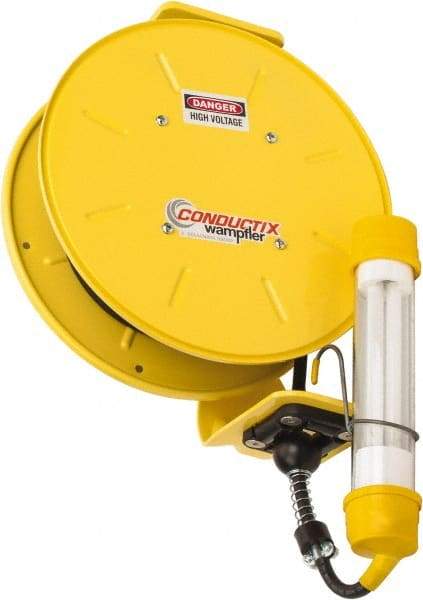 Conductix - 16 AWG, 35' Cable Length, Cord & Cable Reel with Fluorescent Hand Lamp End - 0 Outlets, 10 Amps, SOOW-A Cable, Yellow Reel, Spring Driven Reel - Apex Tool & Supply