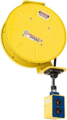 Conductix - 16 AWG, 50' Cable Length, Cord & Cable Reel with Outlet End - 3 Outlets, NEMA 5-15R, 10 Amps, 125 Volts, SOOW-A Cable, Yellow Reel, Spring Driven Reel - Apex Tool & Supply