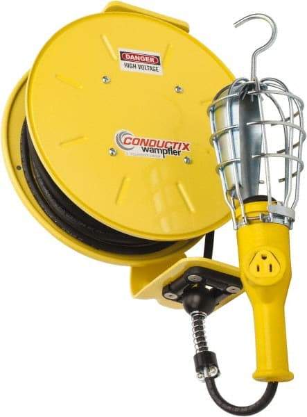 Conductix - 16 AWG, 50' Cable Length, Cord & Cable Reel with Incandescent Hand Lamp End - 1 Outlet, NEMA 5-15R, 10 Amps, 125 Volts, SOOW-A Cable, Yellow Reel, Spring Driven Reel - Apex Tool & Supply