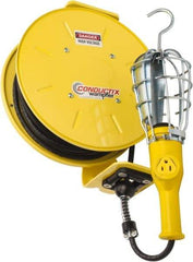 Conductix - 16 AWG, 50' Cable Length, Cord & Cable Reel with Incandescent Hand Lamp End - 1 Outlet, NEMA 5-15R, 10 Amps, 125 Volts, SOOW-A Cable, Yellow Reel, Spring Driven Reel - Apex Tool & Supply