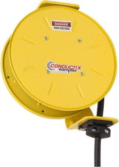 Conductix - 12 AWG, 20' Cable Length, Cord & Cable Reel with Bare End - 3 Outlets, NEMA 5-20R, 20 Amps, SEOW-A Cable, Yellow Reel, Spring Driven Reel - Apex Tool & Supply