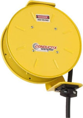 Conductix - 14 AWG, 30' Cable Length, Cord & Cable Reel with Bare End - 3 Outlets, NEMA 5-15R, 15 Amps, SEOW-A Cable, Yellow Reel, Spring Driven Reel - Apex Tool & Supply