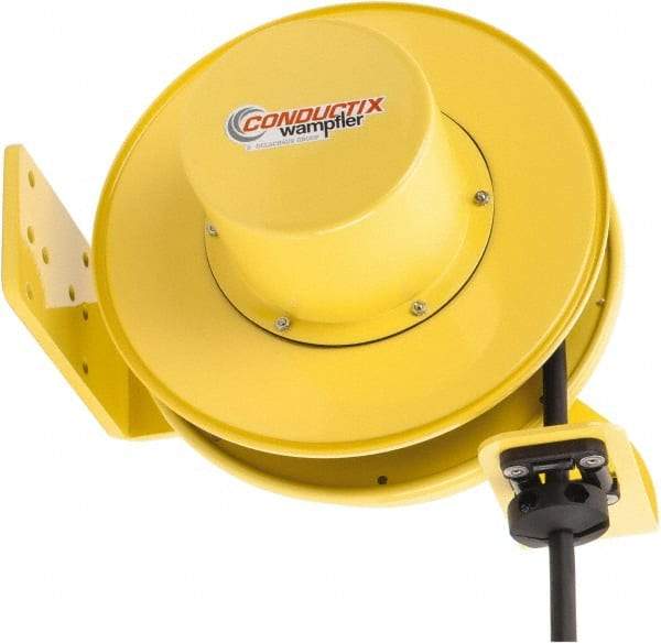 Conductix - 10 AWG, 30' Cable Length, Cord & Cable Reel with Bare End - 3 Outlets, NEMA 5-20R, 25 Amps, SEOW-A Cable, Yellow Reel, Spring Driven Reel - Apex Tool & Supply
