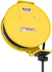 Conductix - 14 AWG, 40' Cable Length, Cord & Cable Reel with Bare End - 3 Outlets, NEMA 5-15R, 15 Amps, SEOW-A Cable, Yellow Reel, Spring Driven Reel - Apex Tool & Supply