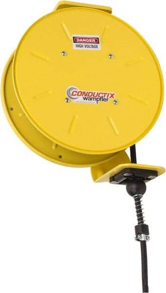 Conductix - 16 AWG, 20' Cable Length, Cord & Cable Reel with Bare End - 4 Outlets, NEMA 5-15R, 8 Amps, SEOW-A Cable, Yellow Reel, Spring Driven Reel - Apex Tool & Supply