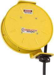 Conductix - 14 AWG, 20' Cable Length, Cord & Cable Reel with Bare End - 4 Outlets, NEMA 5-15R, 12 Amps, SEOW-A Cable, Yellow Reel, Spring Driven Reel - Apex Tool & Supply