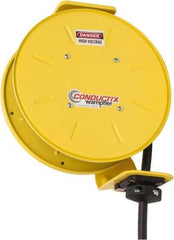 Conductix - 12 AWG, 20' Cable Length, Cord & Cable Reel with Bare End - 4 Outlets, NEMA 5-15R, 16 Amps, SEOW-A Cable, Yellow Reel, Spring Driven Reel - Apex Tool & Supply