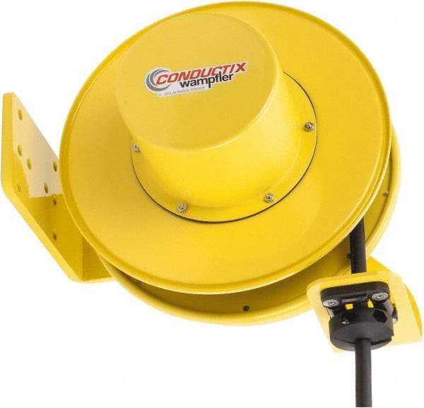Conductix - 14 AWG, 40' Cable Length, Cord & Cable Reel with Bare End - 4 Outlets, NEMA 5-15R, 12 Amps, SEOW-A Cable, Yellow Reel, Spring Driven Reel - Apex Tool & Supply