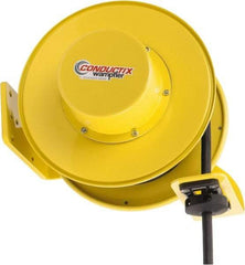 Conductix - 12 AWG, 40' Cable Length, Cord & Cable Reel with Bare End - 4 Outlets, NEMA 5-15R, 16 Amps, SEOW-A Cable, Yellow Reel, Spring Driven Reel - Apex Tool & Supply