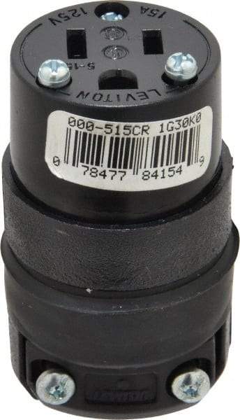 Leviton - 125 VAC, 15 Amp, 5-15R NEMA, Straight, Self Grounding, Residential Grade Connector - 2 Pole, 3 Wire, 1 Phase, Rubber, Black - Apex Tool & Supply