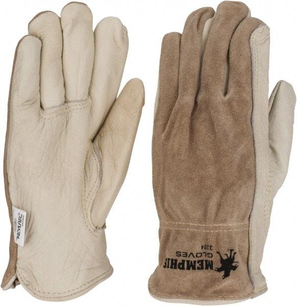 MCR Safety - Size M (8) Split Back/Grain Palm Cowhide General Protection Work Gloves - For Work & Driver, Uncoated, Full Fingered, Cream/Black/Brown, Paired - Apex Tool & Supply