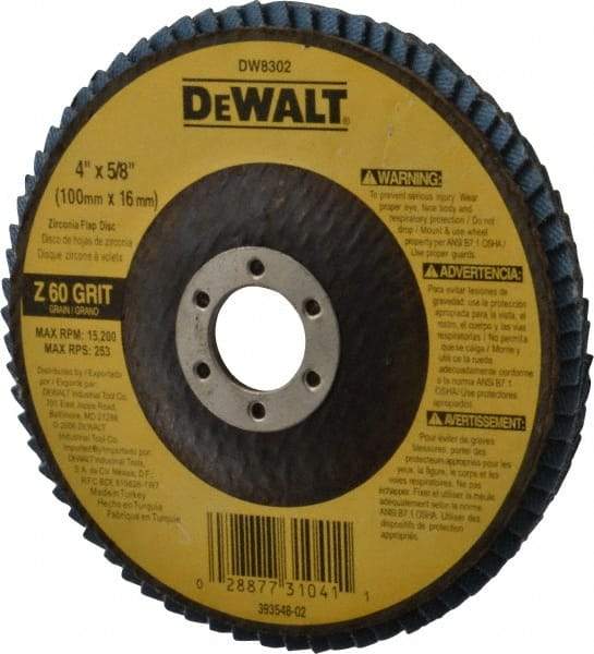 DeWALT - 60 Grit, 4" Disc Diam, 5/8" Center Hole, Type 27 Zirconia Alumina Flap Disc - 15,200 Max RPM, Fiberglass Backing, Arbor Attaching System, Coated - Apex Tool & Supply