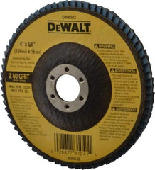 DeWALT - 60 Grit, 4" Disc Diam, 5/8" Center Hole, Type 27 Zirconia Alumina Flap Disc - 15,200 Max RPM, Fiberglass Backing, Arbor Attaching System, Coated - Apex Tool & Supply