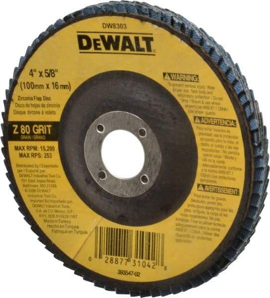 DeWALT - 80 Grit, 4" Disc Diam, 5/8" Center Hole, Type 27 Zirconia Alumina Flap Disc - 15,200 Max RPM, Fiberglass Backing, Arbor Attaching System, Coated - Apex Tool & Supply