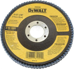 DeWALT - 60 Grit, 4-1/2" Disc Diam, 7/8" Center Hole, Type 29 Zirconia Alumina Flap Disc - 13,300 Max RPM, Fiberglass Backing, Arbor Attaching System, Coated - Apex Tool & Supply
