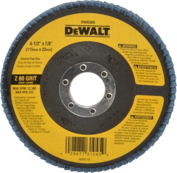 DeWALT - 80 Grit, 4-1/2" Disc Diam, 7/8" Center Hole, Type 29 Zirconia Alumina Flap Disc - 13,300 Max RPM, Fiberglass Backing, Arbor Attaching System, Coated - Apex Tool & Supply