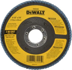 DeWALT - 80 Grit, 4-1/2" Disc Diam, 7/8" Center Hole, Type 29 Zirconia Alumina Flap Disc - 13,300 Max RPM, Fiberglass Backing, Arbor Attaching System, Coated - Apex Tool & Supply