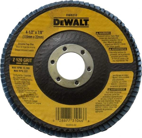 DeWALT - 120 Grit, 4-1/2" Disc Diam, 7/8" Center Hole, Type 29 Zirconia Alumina Flap Disc - 13,300 Max RPM, Fiberglass Backing, Arbor Attaching System, Coated - Apex Tool & Supply