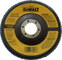 DeWALT - 120 Grit, 4-1/2" Disc Diam, 7/8" Center Hole, Type 29 Zirconia Alumina Flap Disc - 13,300 Max RPM, Fiberglass Backing, Arbor Attaching System, Coated - Apex Tool & Supply