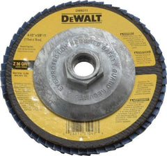 DeWALT - 36 Grit, 4-1/2" Disc Diam, 5/8-11 Center Hole, Type 29 Zirconia Alumina Flap Disc - 13,300 Max RPM, Fiberglass Backing, Arbor Attaching System, Coated - Apex Tool & Supply
