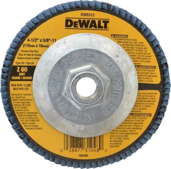 DeWALT - 60 Grit, 4-1/2" Disc Diam, 5/8-11 Center Hole, Type 29 Zirconia Alumina Flap Disc - 13,300 Max RPM, Fiberglass Backing, Arbor Attaching System, Coated - Apex Tool & Supply