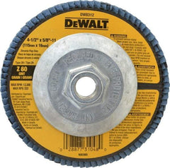 DeWALT - 60 Grit, 4-1/2" Disc Diam, 5/8-11 Center Hole, Type 29 Zirconia Alumina Flap Disc - 13,300 Max RPM, Fiberglass Backing, Arbor Attaching System, Coated - Apex Tool & Supply