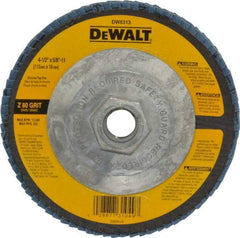 DeWALT - 80 Grit, 4-1/2" Disc Diam, 5/8-11 Center Hole, Type 29 Zirconia Alumina Flap Disc - 13,300 Max RPM, Fiberglass Backing, Arbor Attaching System, Coated - Apex Tool & Supply
