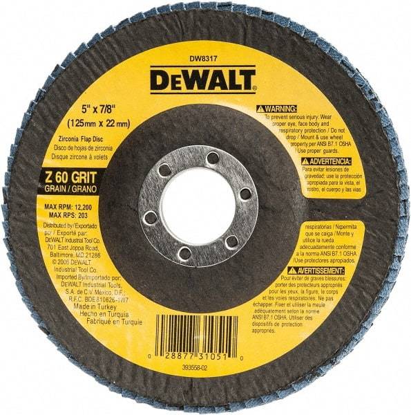 DeWALT - 60 Grit, 5" Disc Diam, 7/8" Center Hole, Type 29 Zirconia Alumina Flap Disc - 12,200 Max RPM, Fiberglass Backing, Arbor Attaching System, Coated - Apex Tool & Supply