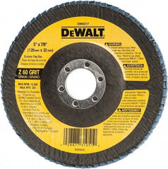 DeWALT - 60 Grit, 5" Disc Diam, 7/8" Center Hole, Type 29 Zirconia Alumina Flap Disc - 12,200 Max RPM, Fiberglass Backing, Arbor Attaching System, Coated - Apex Tool & Supply
