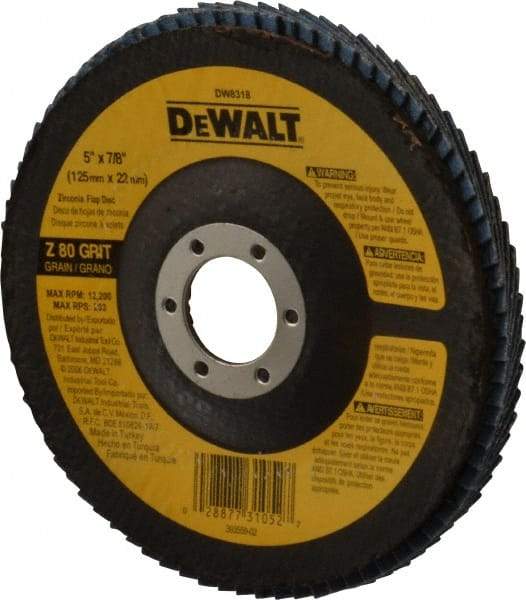 DeWALT - 80 Grit, 5" Disc Diam, 7/8" Center Hole, Type 29 Zirconia Alumina Flap Disc - 12,200 Max RPM, Fiberglass Backing, Arbor Attaching System, Coated - Apex Tool & Supply