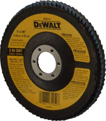 DeWALT - 80 Grit, 5" Disc Diam, 7/8" Center Hole, Type 29 Zirconia Alumina Flap Disc - 12,200 Max RPM, Fiberglass Backing, Arbor Attaching System, Coated - Apex Tool & Supply