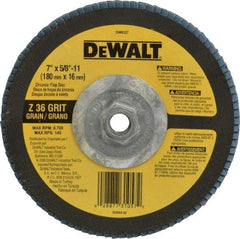DeWALT - 36 Grit, 7" Disc Diam, 5/8-11 Center Hole, Type 29 Zirconia Alumina Flap Disc - 8,700 Max RPM, Fiberglass Backing, Arbor Attaching System, Coated - Apex Tool & Supply
