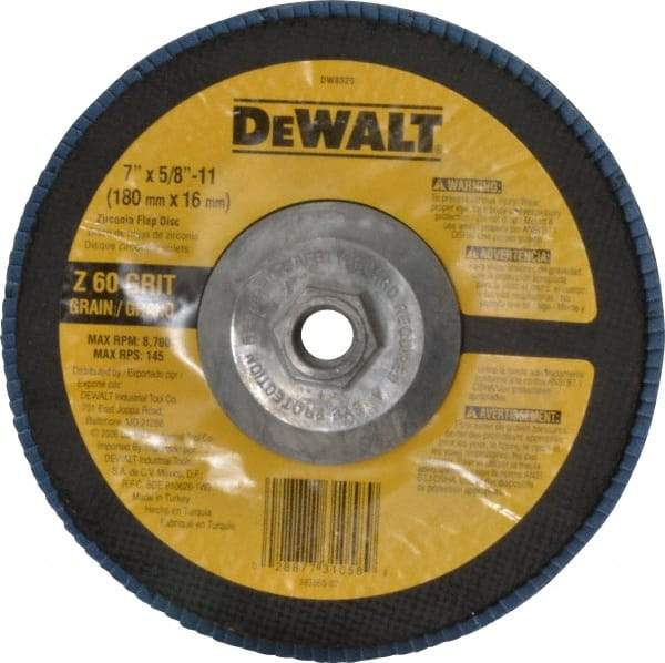 DeWALT - 60 Grit, 7" Disc Diam, 5/8-11 Center Hole, Type 29 Zirconia Alumina Flap Disc - 8,700 Max RPM, Fiberglass Backing, Arbor Attaching System, Coated - Apex Tool & Supply