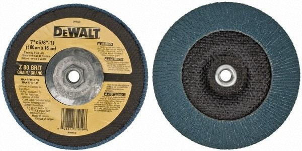 DeWALT - 80 Grit, 7" Disc Diam, 5/8-11 Center Hole, Type 29 Zirconia Alumina Flap Disc - 8,700 Max RPM, Fiberglass Backing, Arbor Attaching System, Coated - Apex Tool & Supply