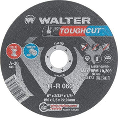 WALTER Surface Technologies - 6" 30 Grit Aluminum Oxide Cutoff Wheel - 3/32" Thick, 7/8" Arbor, 10,200 Max RPM, Use with Angle Grinders - Apex Tool & Supply