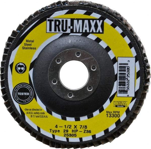 Tru-Maxx - 36 Grit, 4-1/2" Disc Diam, 7/8" Center Hole, Type 29 Zirconia Alumina Flap Disc - 13,300 Max RPM, Arbor Attaching System, Coated - Apex Tool & Supply