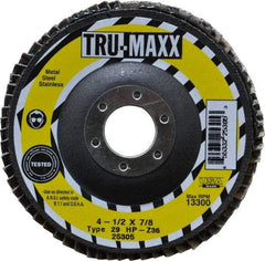Tru-Maxx - 36 Grit, 4-1/2" Disc Diam, 7/8" Center Hole, Type 29 Zirconia Alumina Flap Disc - 13,300 Max RPM, Arbor Attaching System, Coated - Apex Tool & Supply