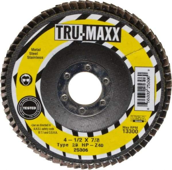 Tru-Maxx - 40 Grit, 4-1/2" Disc Diam, 7/8" Center Hole, Type 29 Zirconia Alumina Flap Disc - 13,300 Max RPM, Arbor Attaching System, Coated - Apex Tool & Supply