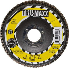 Tru-Maxx - 40 Grit, 4-1/2" Disc Diam, 7/8" Center Hole, Type 29 Zirconia Alumina Flap Disc - 13,300 Max RPM, Arbor Attaching System, Coated - Apex Tool & Supply