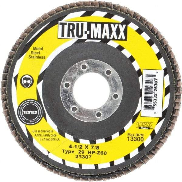 Tru-Maxx - 60 Grit, 4-1/2" Disc Diam, 7/8" Center Hole, Type 29 Zirconia Alumina Flap Disc - 13,300 Max RPM, Arbor Attaching System, Coated - Apex Tool & Supply