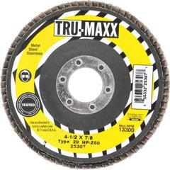Tru-Maxx - 60 Grit, 4-1/2" Disc Diam, 7/8" Center Hole, Type 29 Zirconia Alumina Flap Disc - 13,300 Max RPM, Arbor Attaching System, Coated - Apex Tool & Supply